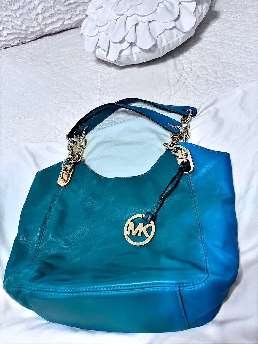 Michael Kors Teal Leather Chain Strap Shoulder Bag Tote 35T0GLLT2L